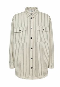Beige Hemd mit Knopfleiste, vertikalen navy Streifen, zwei Brusttaschen und schwarzen Knöpfen. Aus einem strukturierten Stoff mit lockerer Passform.