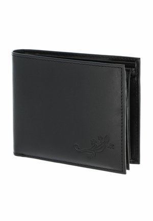 Portefeuille en cuir noir plié avec un motif de lézard embossé dans le coin inférieur droit, présenté légèrement en angle sur fond blanc.
