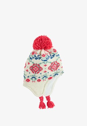 Strickmütze mit weißem Grund, roten und blauen Blumenmustern, einem roten Bommel oben und geflochtenen Bändern mit Quasten. Innen mit Futter für zusätzliche Wärme.