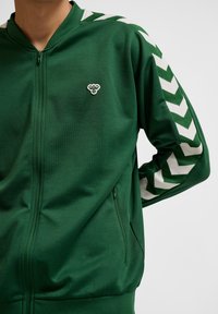 Henkilö pukeutuneena vihreään vetoketjulliseen takkiin, jossa on valkoiset kalanruotokuvioiset raidat hihoissa ja pieni mehiläisen logo rinnassa.