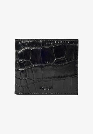 Schwarze Bi-Fold-Geldbörse aus glänzendem, strukturiertem Kunstleder im Krokodil-Look. Mit einem dezenten, auf der Vorderseite geprägten Logo.