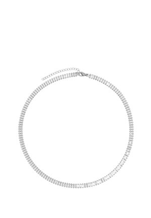 Silver tennis necklace with rectangular clear stones set in a continuous line and a chain extender with clasp on a white background.