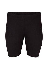Shorts noirs ajustés avec une ceinture élastique, fabriqués en tissu lisse, présentant une coupe jusqu'aux genoux sans motifs ni accents visibles.
