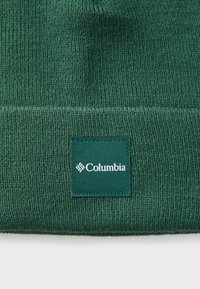 Berretto a maglia verde con motivo testurizzato. Presenta una toppa rettangolare verde scuro con il logo "Columbia" ricamato in bianco sul davanti.