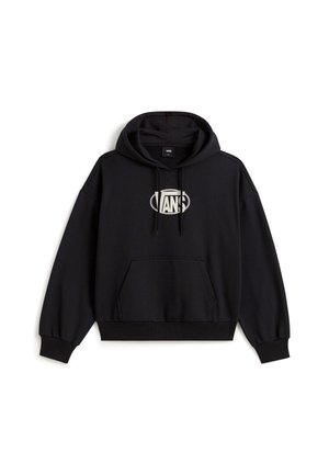 Black hoodie made of cotton blend fabric, featuring a front pocket, adjustable drawstring hood, and a white Vans logo on the chest.