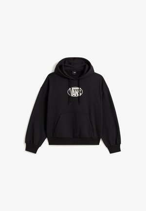 Černá mikina s kapucí vyrobená z bavlněné směsi, s přední kapsou, nastavitelnou šňůrkou na kapuci a bílým logem Vans na hrudi.