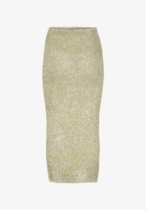 Neulehame vaaleanvihreänä, pehmeällä ja pörröisellä tekstuurilla. Muotoon puristava malli, keskipitkä pituus, elastinen vyötärönauha ja minimaalinen yksityiskohtaisuus.