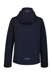 Marinejakke med hætte, lavet af glat, vandafvisende materiale. Har et minimalistisk design og reflekterende detaljer nær kanten.
