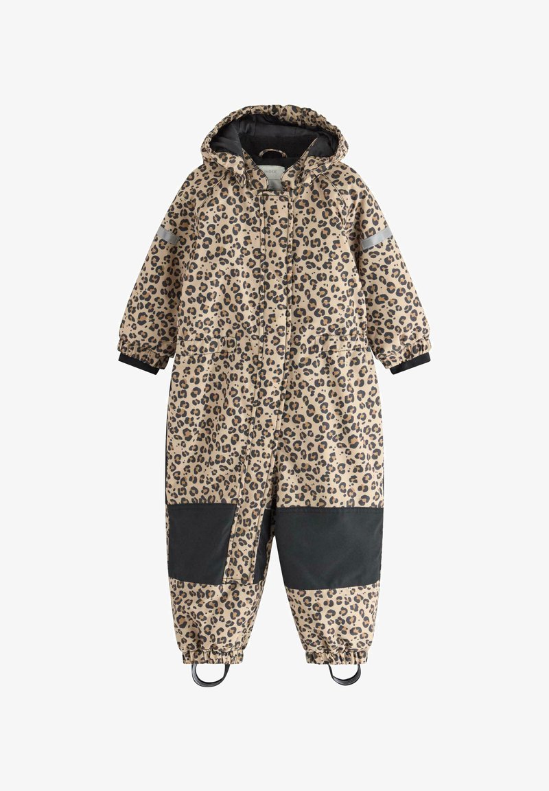 Snowsuit s leopardím vzorem, izolovaný, v béžovo-černé barvě. Má podšitou kapuci, dvě přední kapsy a černé kolenní záplaty. Elastické manžety na zápěstích.