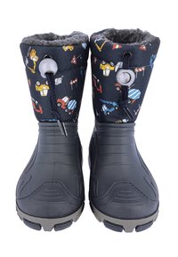 Schwarze Gummistiefel mit einem textilen Obermaterial, das bunte Fahrzeugmuster, ein strukturiertes Design und einen verstellbaren Kordelzug am oberen Rand aufweist.