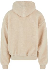 Felpa con cappuccio beige in sherpa, con una superficie morbida e testurizzata, cappuccio e polsini ed orlo elasticizzati per una vestibilità rilassata. La vista posteriore non mostra dettagli aggiuntivi.