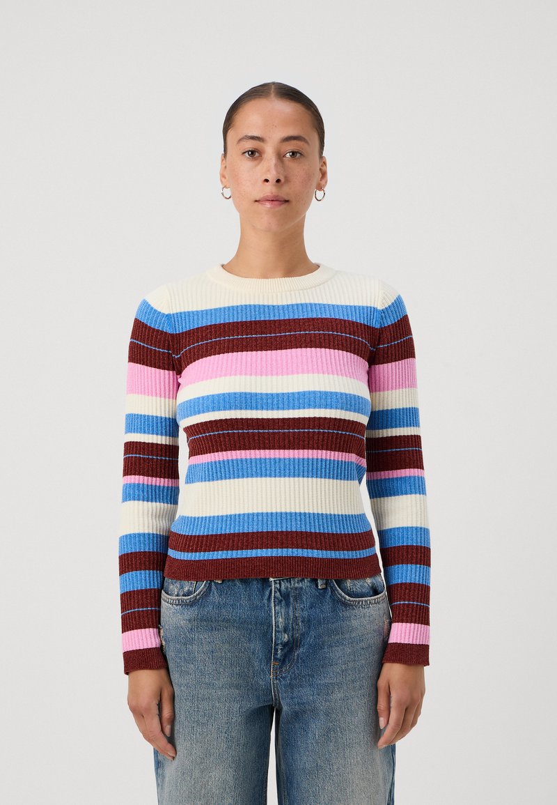 Vero Moda Petite VMCHILI O NECK STRIPE - Pulóver - birch/blue jasper/fired brick/fuchsia pink