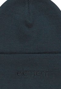 Cappello beanie in tessuto a maglia verde scuro, con orlo piegato e branding impresso. Texture liscia con una leggera elasticità.