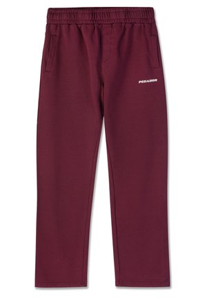 Maroon sweatpants made of soft fabric, featuring an elastic waistband, two side pockets, and a white PEGAEXPOR logo on the front.