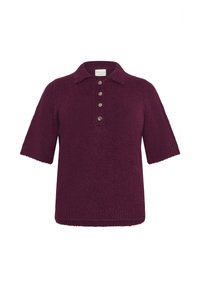 Pull en maille couleur prune à manches courtes, avec un col et quatre boutons argentés sur le devant au centre.