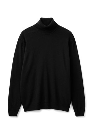Maglione a collo alto nero realizzato in un tessuto morbido, con maniche lunghe, collo aderente e vestibilità rilassata. Nessun motivo o decorazione visibile.
