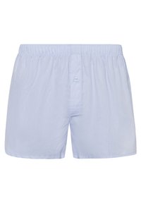 Boxer shorts en coton bleu clair avec une taille élastique, fermeture par un bouton unique, et une texture lisse. Design simple sans motifs.