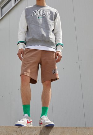 Grauer Sweatshirt mit weißen Ärmeln, grünen Akzenten und erhabenem "NIKE"-Logo, kombiniert mit braunen Shorts und weißen/roten/blauen Sneakers sowie grünen Socken.