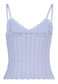 Light blue knitted camisole with scalloped straps and hem, featuring a textured pattern of vertical lines and small leaf motifs.