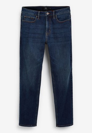 Dunkelblaue Jeans aus Denim mit gerader Passform, fünf Taschen und kontrastierenden orangen Nähten. Verfügt über einen Knopf- und Reißverschluss.