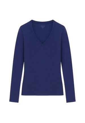 Granatowy longsleeve z dekoltem w serek wykonany z miękkiego materiału, wyróżniający się dopasowanym krojem i gładką teksturą, bez wzorów i akcentów.