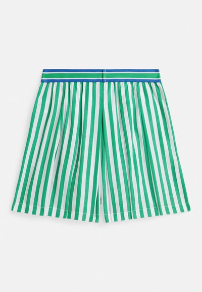 Πράσινα και λευκά ριγωτά σορτς με μπλε ελαστική μέση, πιετέ σχεδιασμό και υφή ελαφριού υφάσματος.