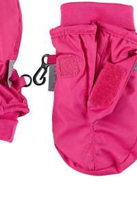 Pink waterproof mittens with elastic cuffs, hook-and-loop fasteners, and black clips. Smooth texture with stitched detailing.