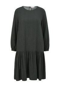 Dunkelgrünes Kleid mit langen Ärmeln, rundem Ausschnitt und einem schichtigen Volant-Saum. Verfügt über einen subtilen gemusterten Stoff und ein Schlüssellochdetail auf der Rückseite.