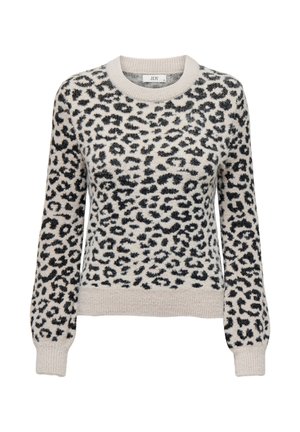 Pull beige clair avec imprimé léopard noir, col rond et manches longues. Tissu texturé avec poignets et ourlet côtelés. Étiquette de la marque visible.