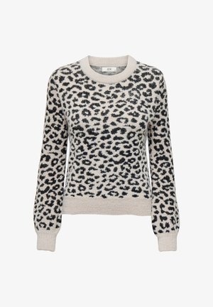 Helebeežid helepruunist kampsun musta leopardimustriga, ümmarguse kaeluse ja pikkade varrukatega. Tekstuuriga kangas, soonikkoes mansetid ja alumine serv. Brändi silt nähtav.