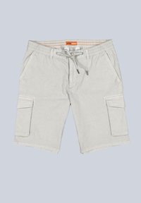 Light grey cargo shorts with elastic waistband, drawstring closure, and two side pockets. Made from soft fabric with a relaxed fit.