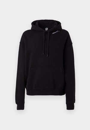 Black pullover hoodie made of soft fabric, featuring a kangaroo pocket, ribbed cuffs, and drawstring hood. Small logo on the chest.