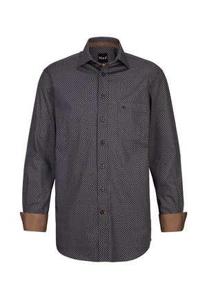 Camicia a maniche lunghe con stampa geometrica in blu navy e bianco. Presenta dettagli in marrone su polsini e colletto, realizzata in un morbido tessuto.