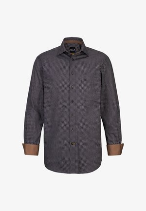 Camicia a maniche lunghe con stampa geometrica in blu navy e bianco. Presenta dettagli in marrone su polsini e colletto, realizzata in un morbido tessuto.