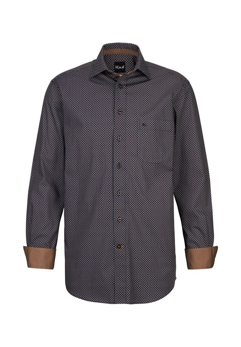 Camicia a maniche lunghe con stampa geometrica in blu navy e bianco. Presenta dettagli in marrone su polsini e colletto, realizzata in un morbido tessuto.