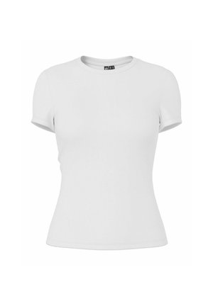 Plain hvid tætsiddende T-shirt med korte ærmer og rund hals, vist på en hvid baggrund.