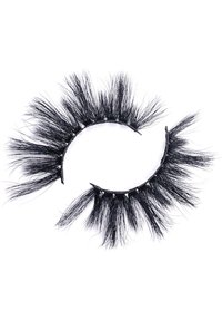 Black synthetic false eyelashes with varied lengths, featuring a flexible band and defined, wispy strands for volume and dramatic effect.