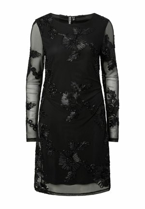 Melns garām piedurknēm kleita ar ziedu izšuvumiem, caurspīdīgām piedurknēm un apaļu kakla izgriezumu, izgatavota no viegla auduma.