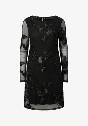 Abito nero a maniche lunghe con ricami floreali, maniche trasparenti e scollo rotondo, realizzato in tessuto leggero.