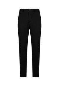 Schwarze Hose aus glattem Stoff, mit geradem Schnitt, Gürtelschlaufen und einem Reißverschluss vorne mit Knopfverschluss.