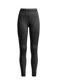 Black athletic leggings feature a fitted design, a wide waistband with pink lettering, and subtle side stripes in pink for added detail.