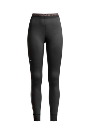 Black athletic leggings feature a fitted design, a wide waistband with pink lettering, and subtle side stripes in pink for added detail.