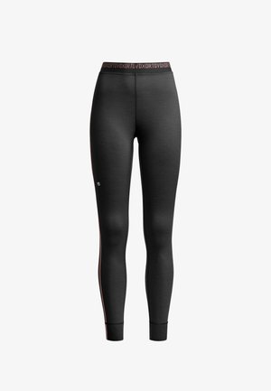 Black athletic leggings feature a fitted design, a wide waistband with pink lettering, and subtle side stripes in pink for added detail.