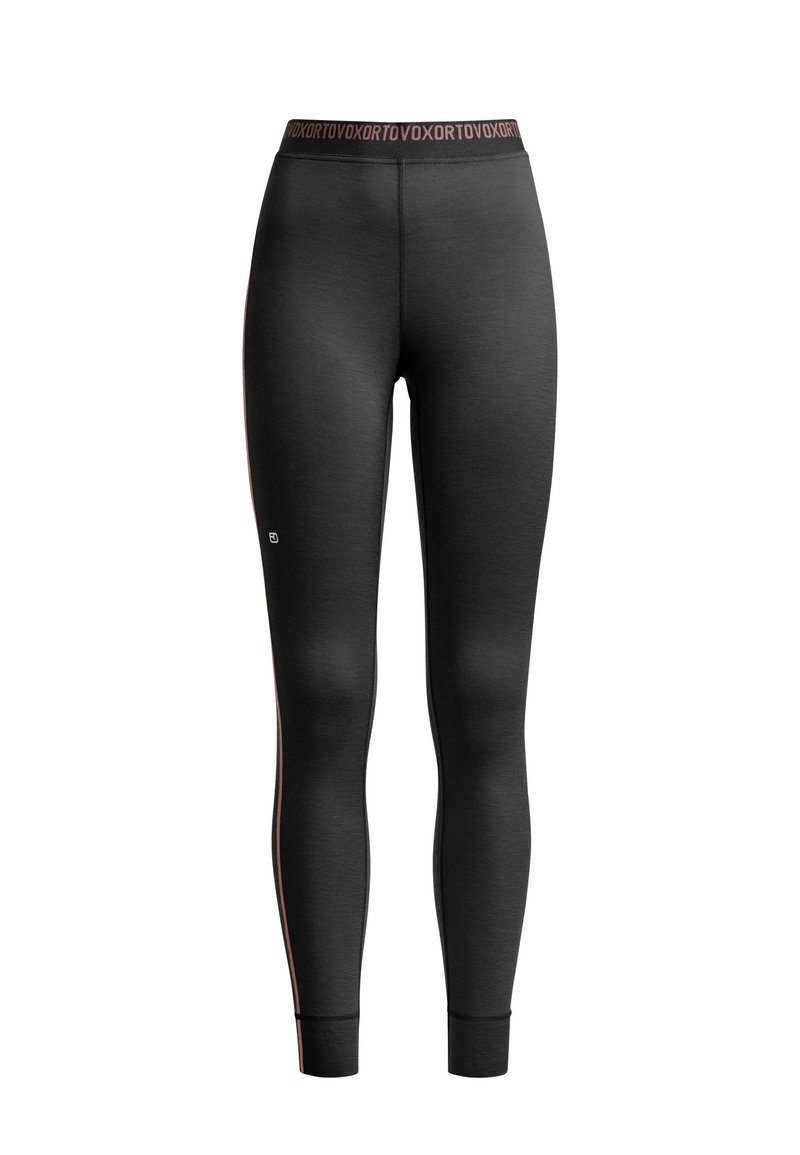 Black athletic leggings feature a fitted design, a wide waistband with pink lettering, and subtle side stripes in pink for added detail.