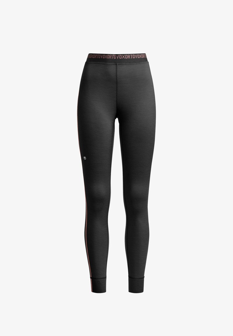 Schwarze Sportleggings haben ein eng anliegendes Design, einen breiten Taillenbund mit pinkfarbener Schrift und dezente seitliche Streifen in Pink für zusätzliche Details.
