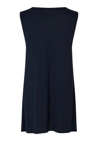 Marineblaue ärmellose Bluse aus einem weichen, leichten Stoff mit entspannter Passform, runder Ausschnitt und glatter Textur.