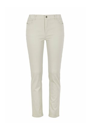 Pantalons beige à coupe slim, en mélange de coton. Dotés de cinq poches, de passants de ceinture et d'une fermeture éclair avec un bouton. Texture lisse.