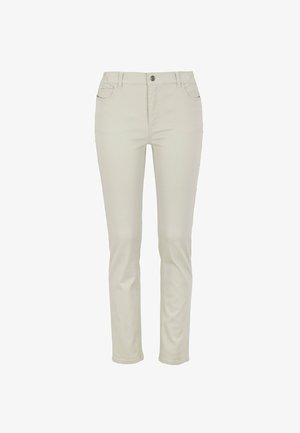Beige, slim-fit broek van een katoenmix. Voorzien van vijf zakken, riemlussen en een rits met een knoopsluiting. Soepele textuur.