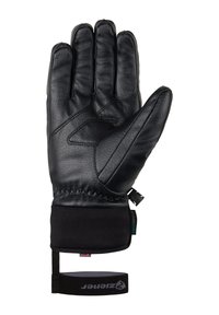 Gant en cuir noir avec une finition texturée et un poignet ajusté. Les caractéristiques comprennent un poignet élastiqué et une boucle de suspension pour le rangement.