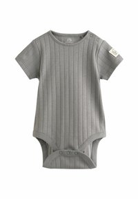 Grå bomulds baby bodystocking med korte ærmer, der har vertikal ribbet tekstur, knaplukninger ved skulderen og bunden samt et logo mærke.